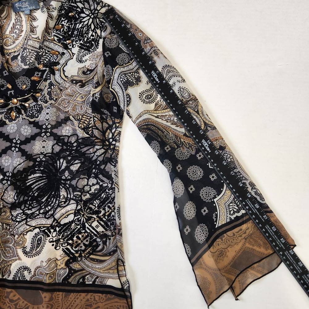 Hale Bob Lounge XS Black Paisley Beaded Sheer Silk Blouse Flowy Velvet Embossed - Picture 8 of 11